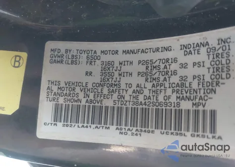 2002 Toyota Sequoia Limited V8 из США, поврежденный, VIN 5TDZT38A42S069318